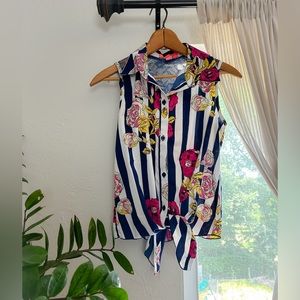 Floral and Striped Front Tie Sleeveless Top